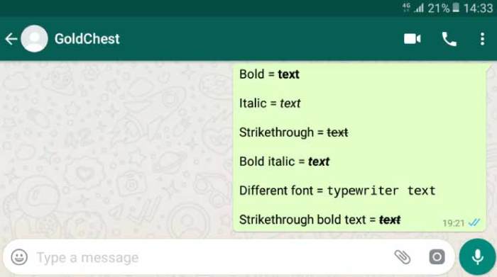 Whatsapp message text bold examples strikethrough italic feature use